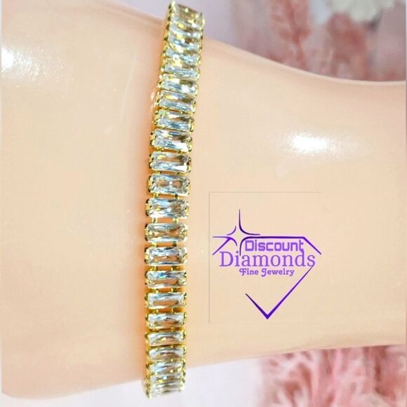 White Rectangular 8 mm Topaz Tennis Bracelet 14K Gold - Picture 2 of 10